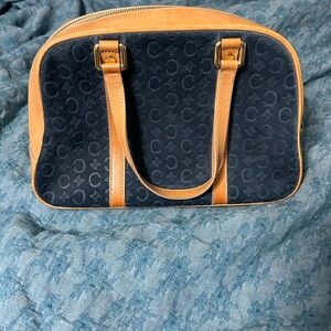 Vintage Celine Navy Velvet and Tan Shoulder Bag